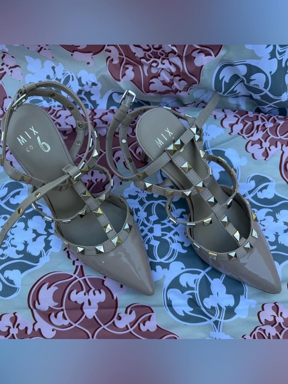 Mix No. 6 Gray Patent Pointed-Toe Studded Strappy Heels